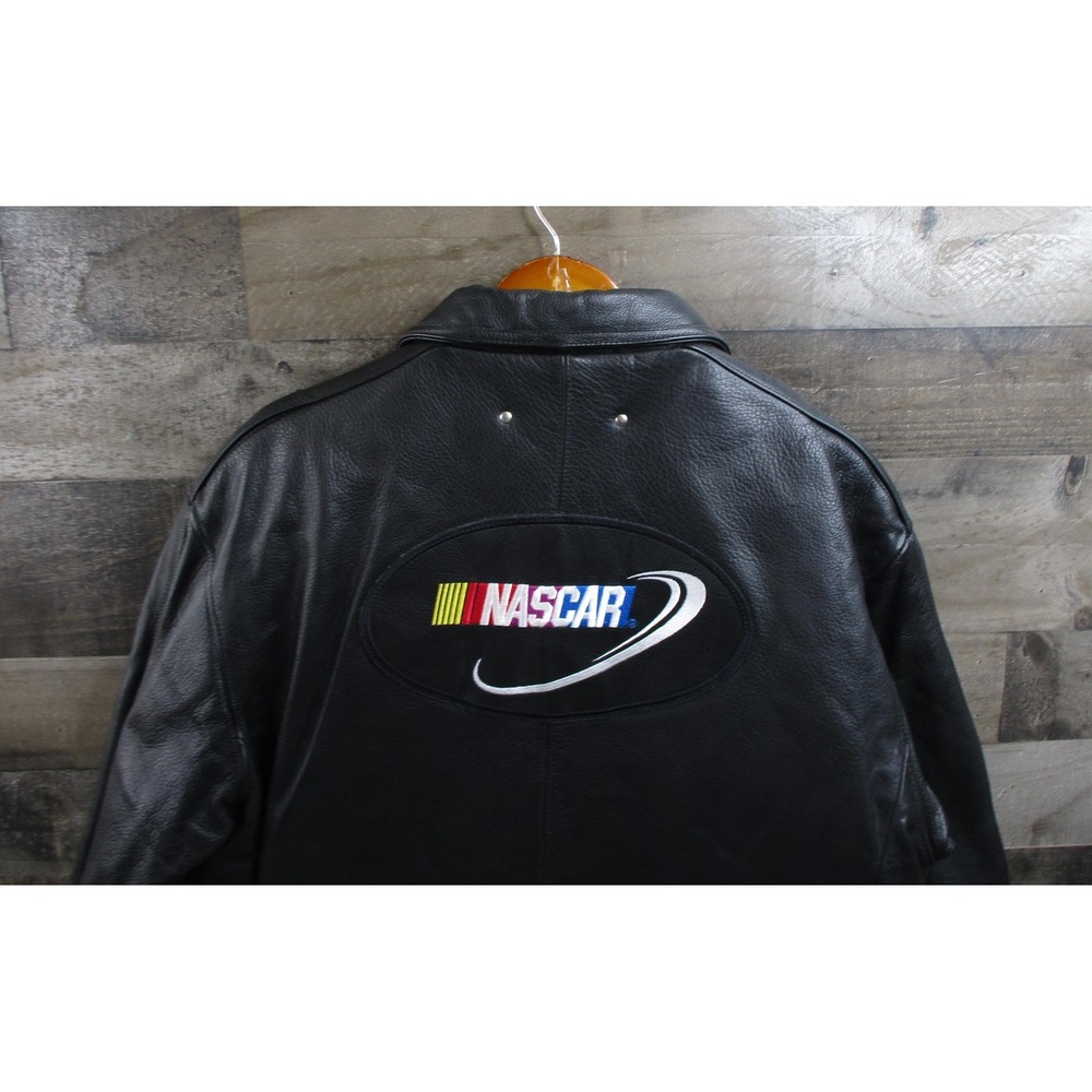 NASCAR Fel-Pro Leather Jacket Mens Large Black Quilted Lined Zip Pockets Racing